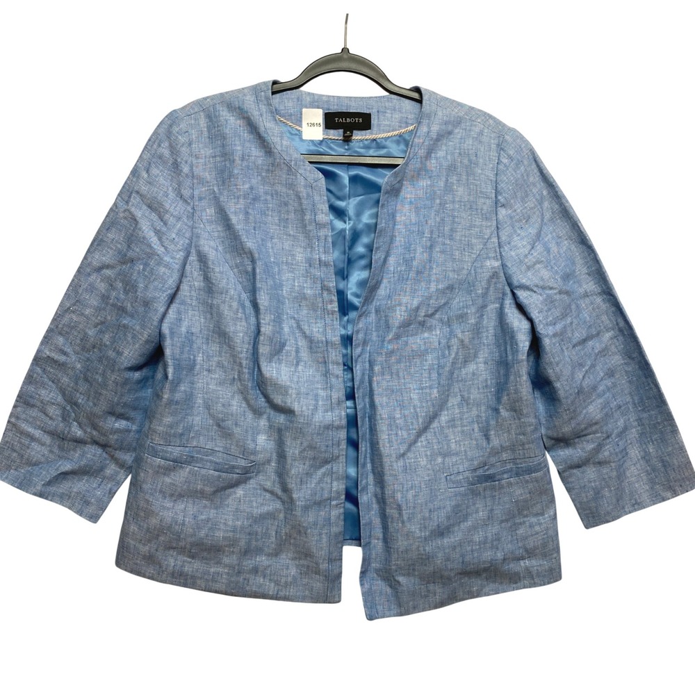 Talbots Linen Blazer Womens 16 Blue 3/4 Sleeve Pocket Collarless Open Front